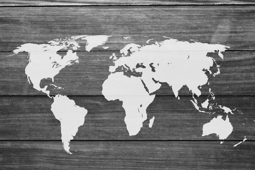 Εικόνα ενός ασπρόμαυρου παγκόσμιου χάρτη φελλού με ξύλινο φόντο - 120x80  color mix