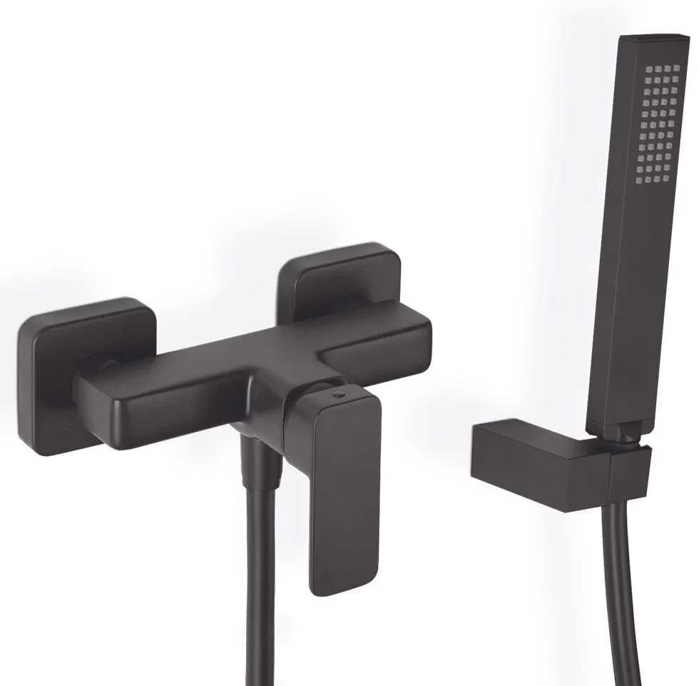 Eurorama Quadra Black Matt Μπαταρία Ντουζιέρας με Tηλέφωνο, Eπίτοιχο Στήριγμα Τηλεφώνου και PVC Σπιράλ 1,5μ
