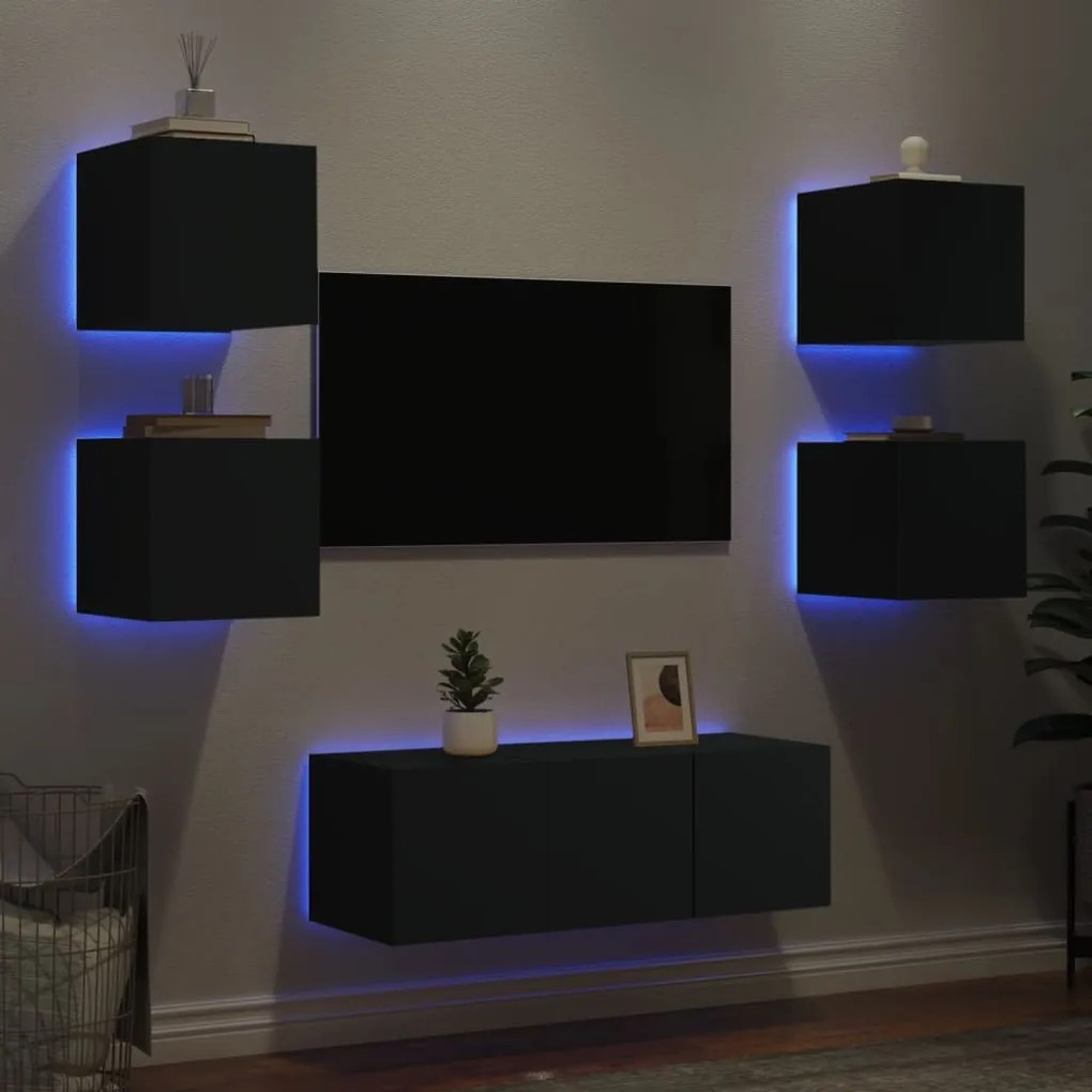 vidaXL Έπιπλα Τοίχου Τηλεόρασης 6 τεμ LED Μαύρα από Επεξεργασμένο Ξύλο