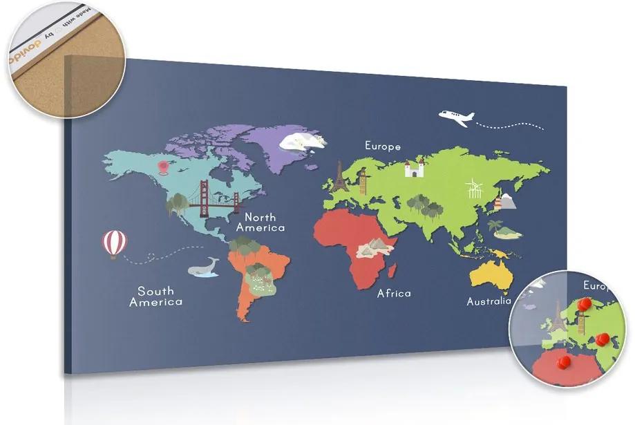 Εικόνα στον παγκόσμιο χάρτη φελλού με ορόσημα - 120x80  wooden