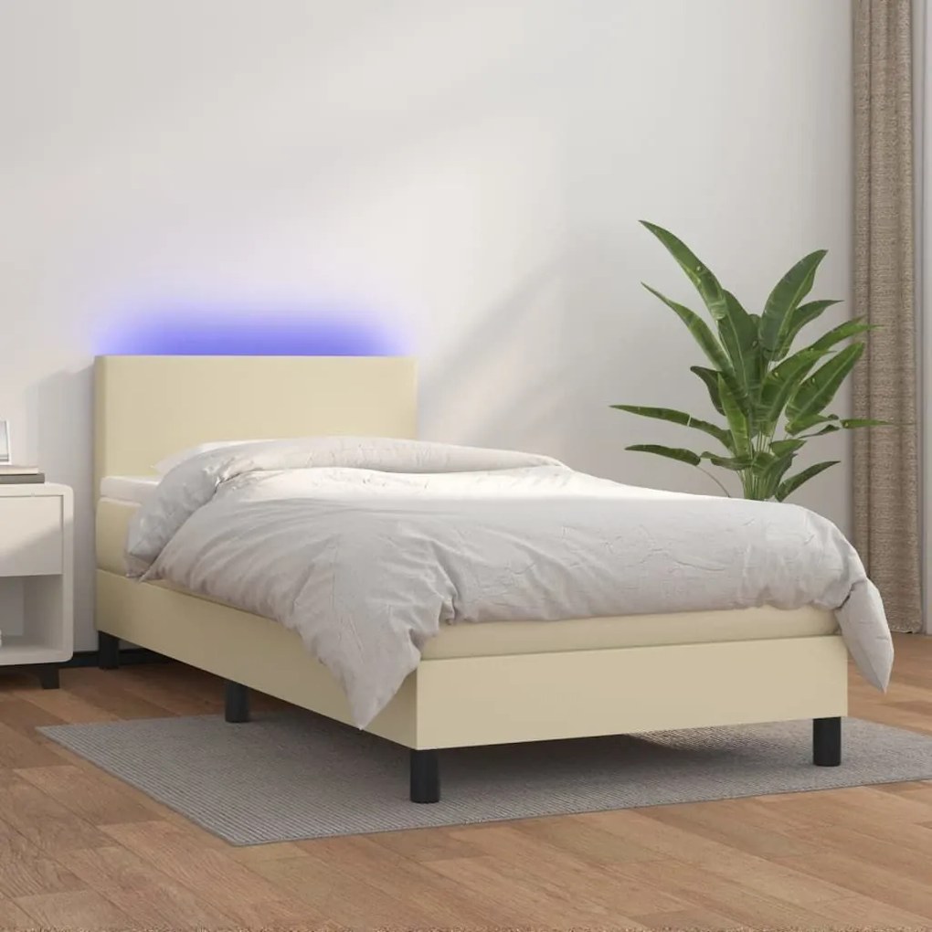 Κρεβάτι Boxspring με Στρώμα & LED Κρεμ 100x200 εκ. Συνθ. Δέρμα - Κρεμ
