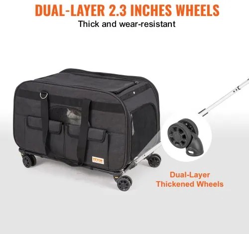VEVOR Cat Carrier with Wheels, Rolling Pet Carrier with Telescopic Handle and Shoulder Strap, Dog Carrier with Wheels for Pets under 35 lbs, with 1 Folding Bowl, Black