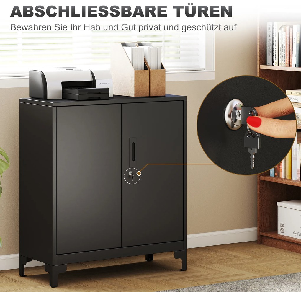 HOMCOM Μεταλλικό Γραφείο, Κλειδώματος Πόρτες, Γραφείο Συρταριέρας, Σχεδιασμός 2 Επιπέδων, Μαύρο