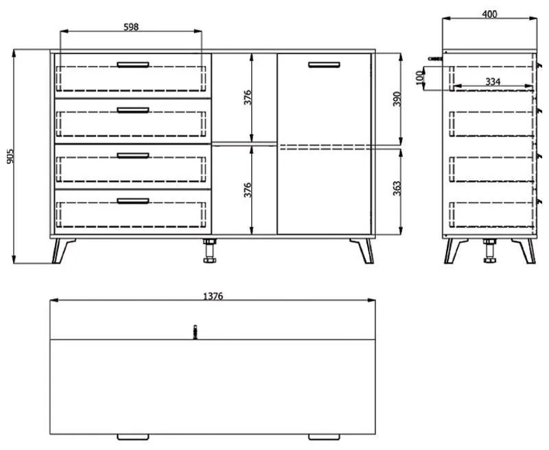 ΚΟΜΟΤΑ-ΜΠΟΥΦΕΣ Umbria 3K4F Γκρί Δρύς - Μαύρο 137x40x90 εκ.