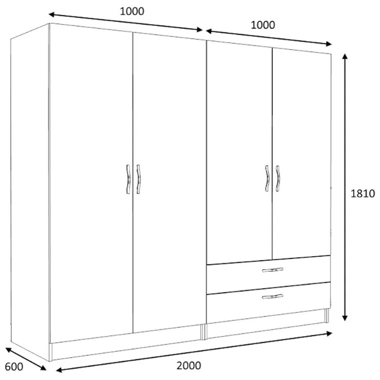 Ντουλάπα ρούχων Victoria Megapap τετράφυλλη με συρτάρια χρώμα καρυδί 200x60x181εκ.