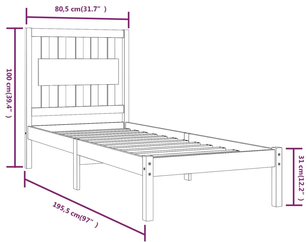 vidaXL Πλαίσιο Κρεβατιού Μαύρο 75x190εκ Μασίφ Ξύλο Πεύκου Small Single