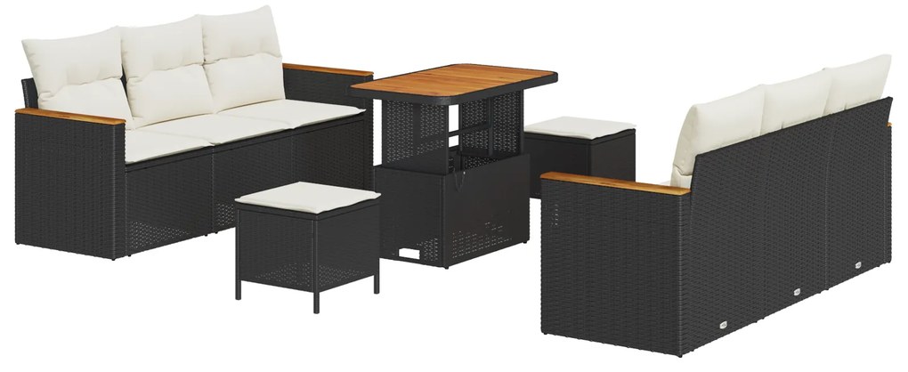 vidaXL Σετ Καναπέ Κήπου 9 Τεμαχίων με Μαξιλάρια Μαύρο Πολυ Ρατάν Ακακία