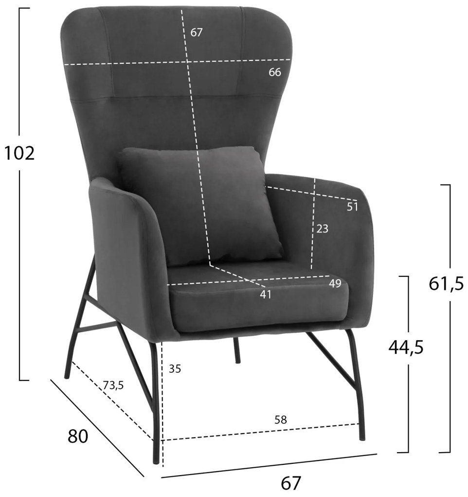 Πολυθρόνα - Μπερζέρα DANIA C8721.01 Γκρί Βελούδο με Μεταλλικά Μαύρα Πόδια 67x80x102 εκ. 67x80x102 εκ.