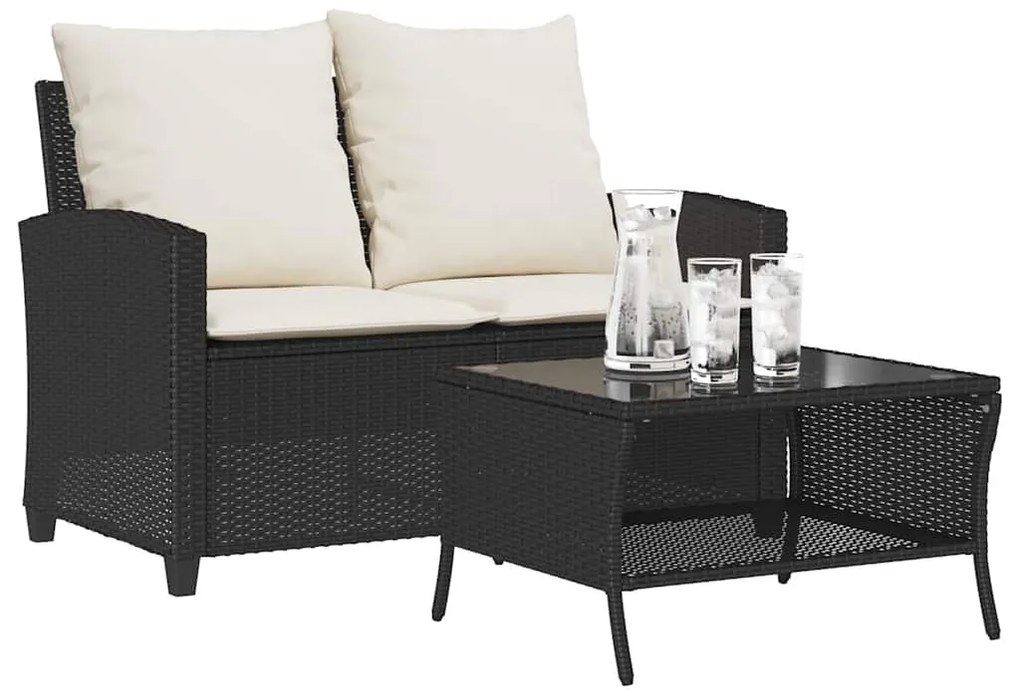 Καναπές κήπου 2θέσιος με μαξιλάρια&Τραπέζι Μαύρο Poly Rattan