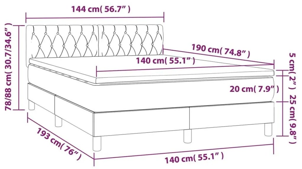 Κρεβάτι Boxspring με Στρώμα &amp; LED Σκ.Καφέ 140x190 εκ Υφασμάτινο - Καφέ