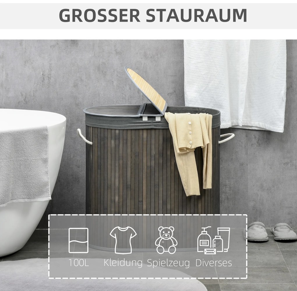 HOMCOM Καλάθι απλύτων 100 L με καπάκι, λαβές, 2 διαμερίσματα, αφαιρούμενη τσάντα πλυντηρίου, για υπνοδωμάτιο, μπάνιο, μπαμπού, γκρι