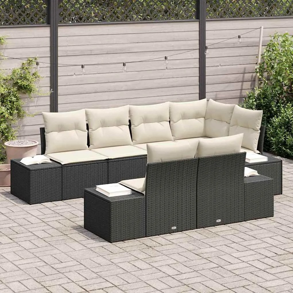 vidaXL Σετ Καναπέ Κήπου με μαξιλάρι 7 pcs Μαύρο και Κρεμ Πολυ ράταν