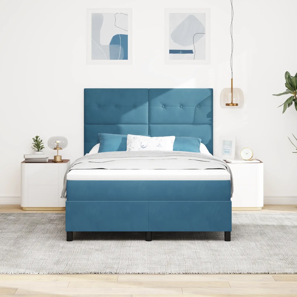 vidaXL Κρεβάτι Box Spring με Στρώμα Σκούρο Μπλε 140x190 εκ. Βελούδο