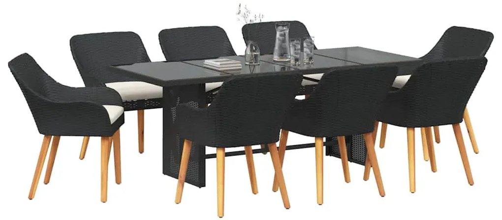 vidaXL Σέτ φαγητού για κήπο με μαξιλάρι 9 pcs Μαύρο συνθετικό ρατάν