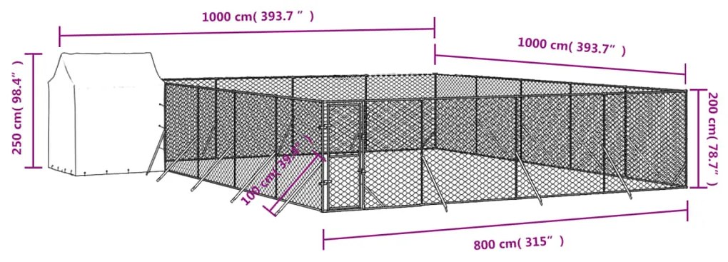 vidaXL Κλουβί Σκύλου Εξ. Χώρου με Οροφή Ασημί 10x10x2,5 μ Γαλβ. Ατσάλι