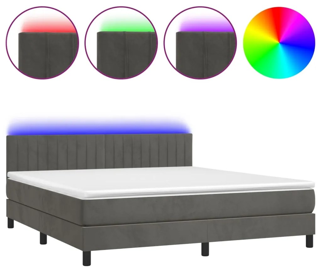 vidaXL Κρεβάτι Boxspring με Στρώμα &amp; LED Σκ. Γκρι 160x200εκ. Βελούδινο