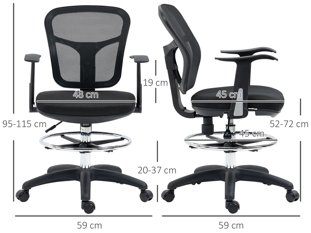 Vinsetto Καρέκλα σχεδίασης καρέκλα γραφείου καρέκλα υπολογιστή, συμπεριλαμβανομένου υποποδίου, ρυθμιζόμενο ύψος, 59 x 59 x115 cm, Μαύρο