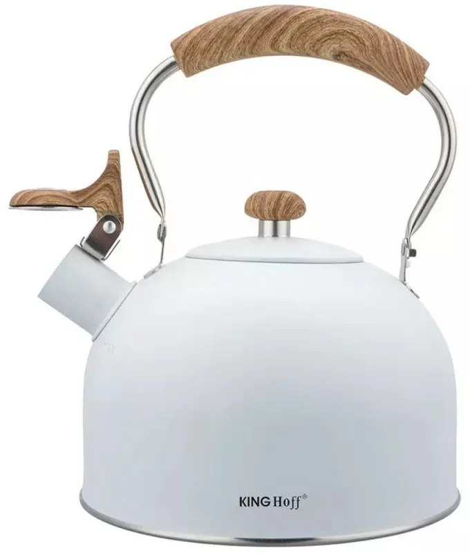 Τσαγιέρα με σφυρίχτρα Kinghoff KH 1860, 2.5 l, Επαγωγή, Ξύλινη λαβή, Λευκό