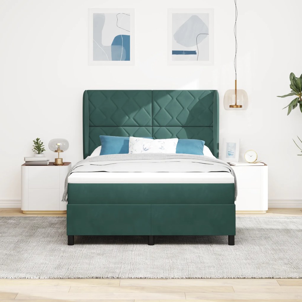 vidaXL Κρεβάτι με ελατήρια Σκούρο πράσινο 140 x 200 cm Βελούδο