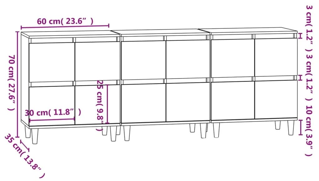 Ντουλάπι 3 τεμ. Γκρι Sonoma 60x35x70 εκ. από Επεξεργασμένο Ξύλο - Γκρι