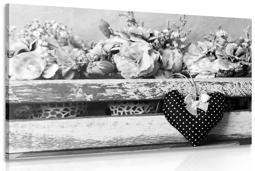 Εικόνα λουλουδιών γαρύφαλλου σε ξύλινο τελάρο σε μαύρο & άσπρο - 60x40