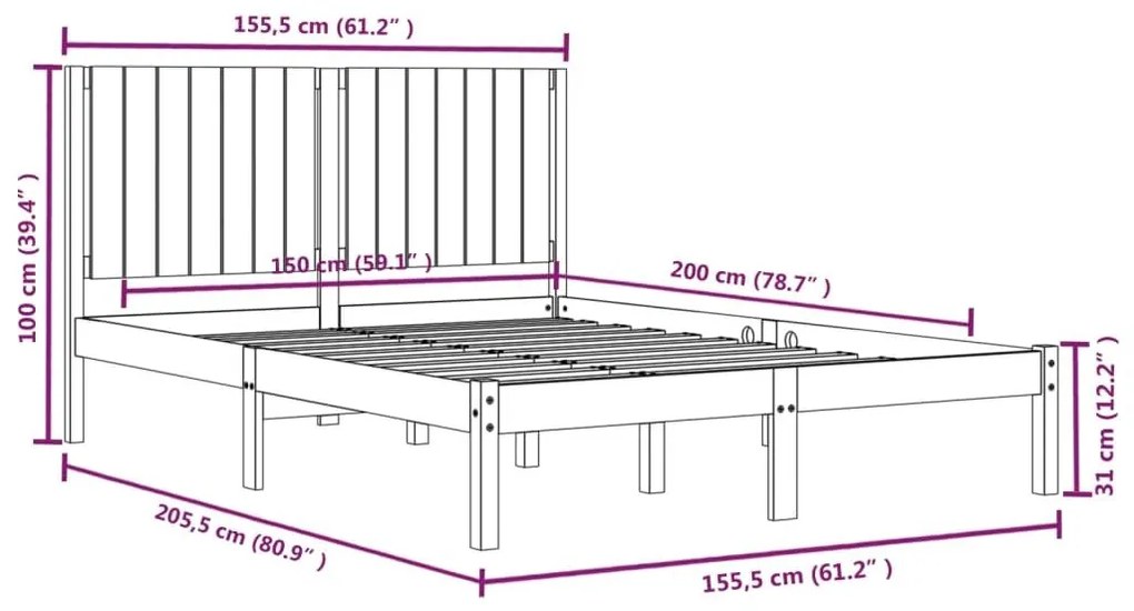 Πλαίσιο Κρεβατιού Λευκό 150 x 200 εκ. Μασίφ Ξύλο King Size - Λευκό