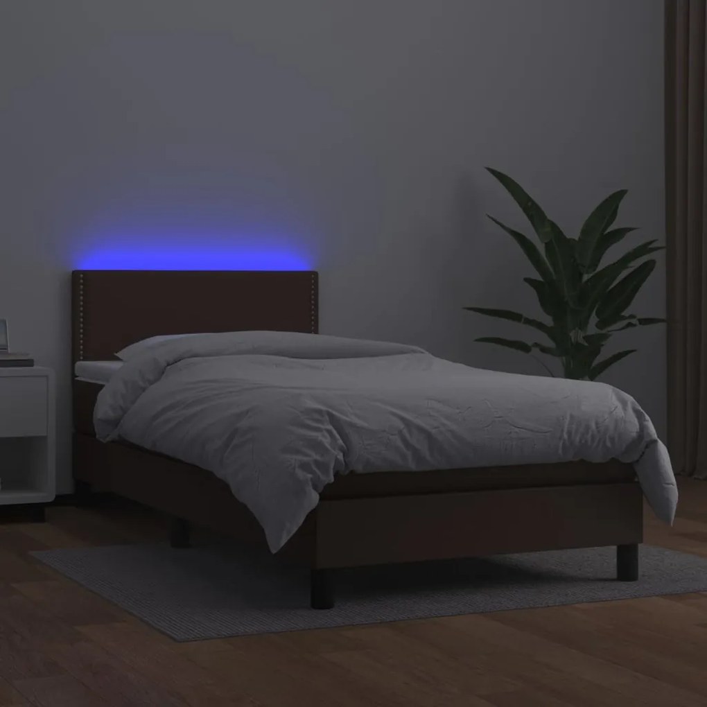 vidaXL Κρεβάτι Boxspring με Στρώμα & LED Καφέ 100x200 εκ. Συνθ. Δέρμα