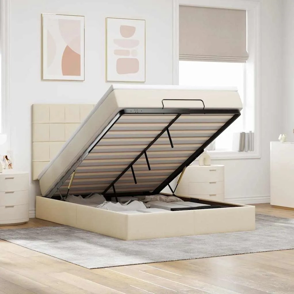 vidaXL Οθωμανικό κρεβάτι με στρώμα &amp; LEDs Cream 140x200 cm Ύφασμα