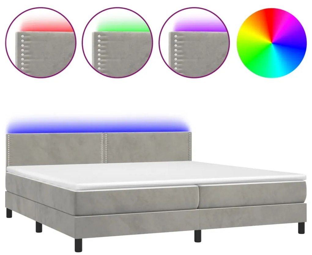 Κρεβάτι Boxspring με Στρώμα &amp; LED Αν.Γκρι 200x200 εκ. Βελούδινο - Γκρι