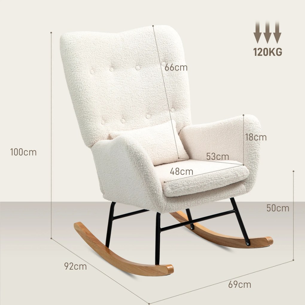 HOMCOM Πολυθρόνα λικνίσματος, ζεστό κάλυμμα, παχιά επένδυση, μαξιλάρι οσφυϊκής χώρας, αντιολισθητική, κρεμ λευκό