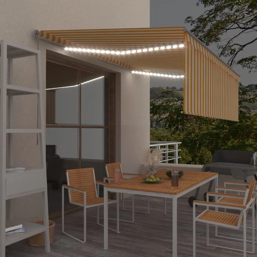 vidaXL Τέντα Συρόμενη Χειροκίνητη με Σκίαστρο&amp;LED Κίτρινο/Λευκό 4x3 μ.