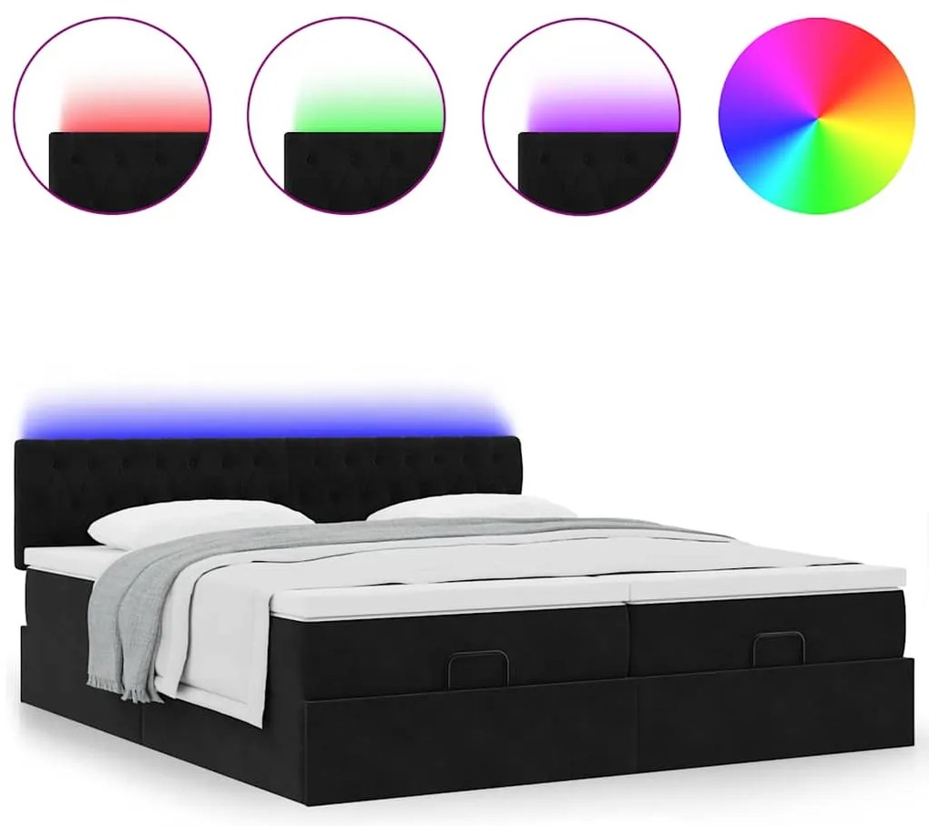 vidaXL Οθωμανικό κρεβάτι με στρώματα &amp; LEDs Μαύρο 200x200cm Velvet