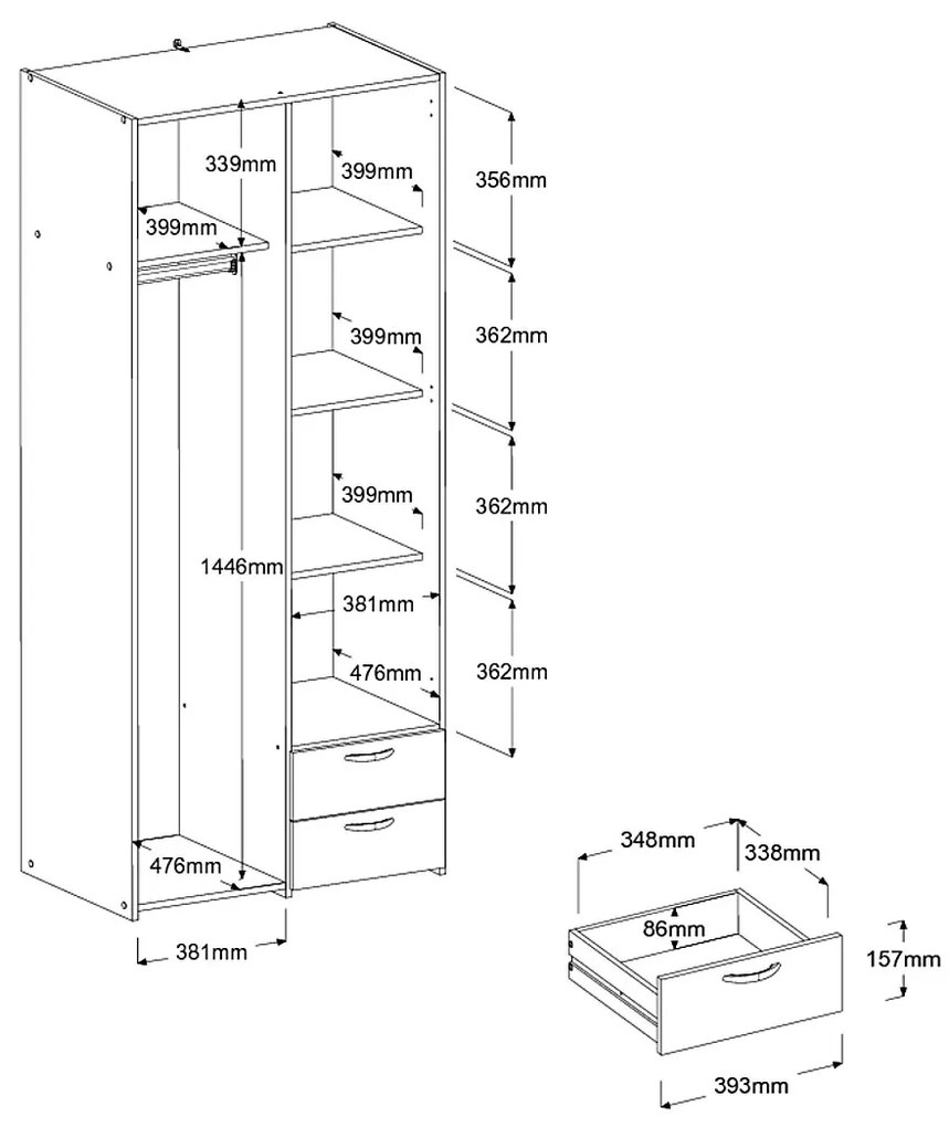 Ντουλάπα Dorm δίφυλλη-Leuko-Χωρίς πατάρι