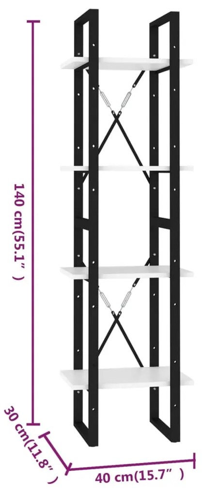 vidaXL Βιβλιοθήκη με 4 Ράφια Λευκή 40 x 30 x 140 εκ. από Επεξ. Ξύλο