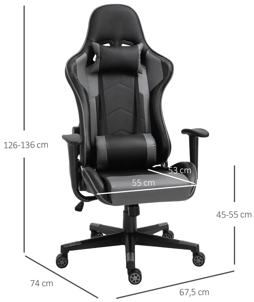 Vinsetto Εργονομική Καρέκλα Γραφείου, Καρέκλα Gaming, Περιστρεφόμενη Καρέκλα, Τεχνητό Δέρμα, Αφρός, Μαύρο, 67,5 x 74 x 126-136 cm