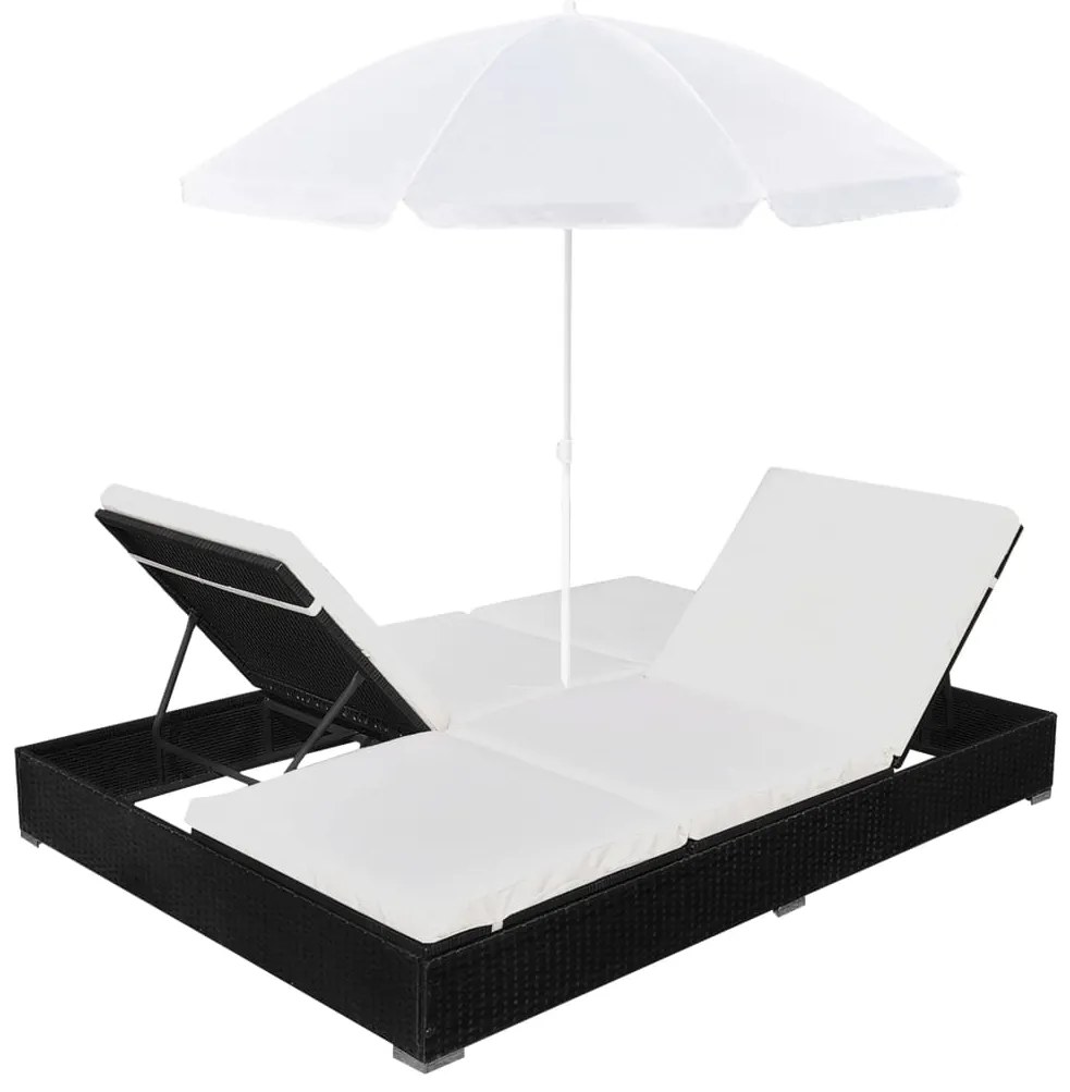 vidaXL Ξαπλώστρα Διπλή Μαύρη από Συνθετικό Ρατάν με Ομπρέλα