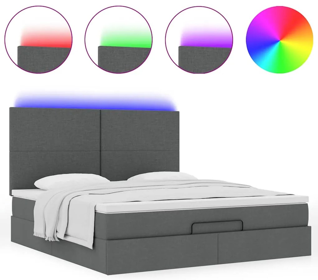 vidaXL Οθωμανικό κρεβάτι με στρώμα & LEDs Σκούρο γκρι 160x200cm ύφασμα