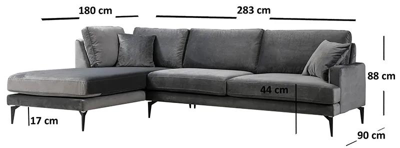 Γωνιακός καναπές Fortune pakoworld δεξιά γωνία βελούδο ανθρακί-μαύρο 283x180x88εκ - Βελούδο - 071-001139