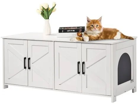 VEVOR Cat Litter Box Enclosure Wooden Litter Box Furniture Hidden 2 Rooms White