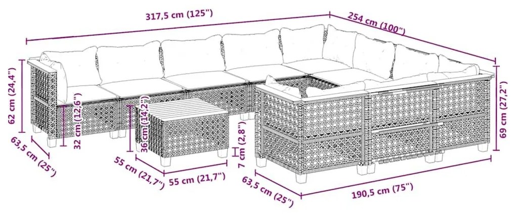 Σαλόνι Κήπου Σετ 11 τεμ. Μπεζ Συνθετικό Ρατάν με Μαξιλάρια - Μπεζ