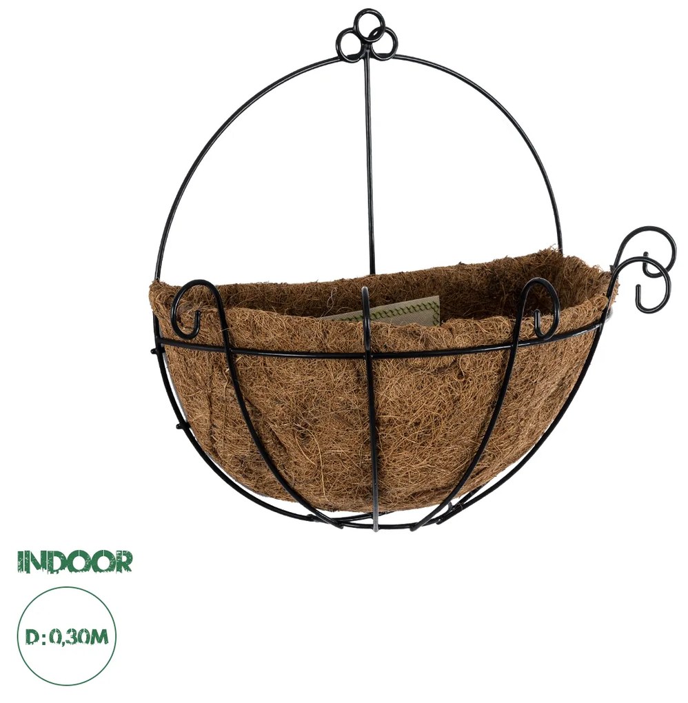 GloboStar® Artificial Garden KOUFONISIA 20562 Κρεμαστό Διακοσμητικό Κασπώ Γλάστρα - Flower Pot από Φλοιό Καρύδας Καφέ με Μαύρη Μεταλλική Βάση Φ30 x Υ33cm