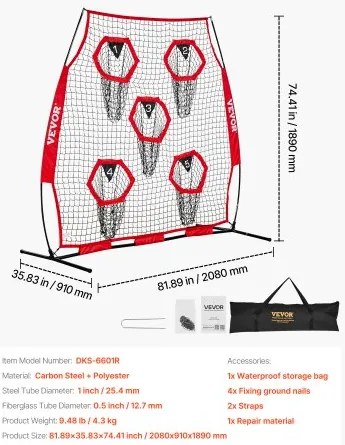 VEVOR 1828.8x1828.8mm Football Trainer Throwing Net, Training Throwing Target Practice Net with 5 Target Pockets, Knotless Net Includes Straps and Portable Carry Case, Improve QB Throwing Accuracy,Red