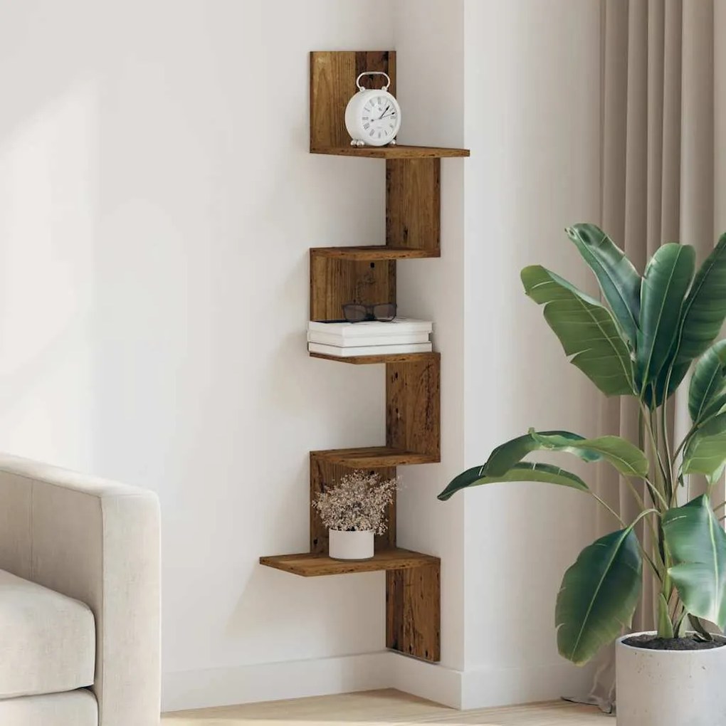 vidaXL Γωνιακή Ραφιέρα Τοίχου Παλιό Ξύλο 32x32x127,5 εκ. Μοριοσανίδα