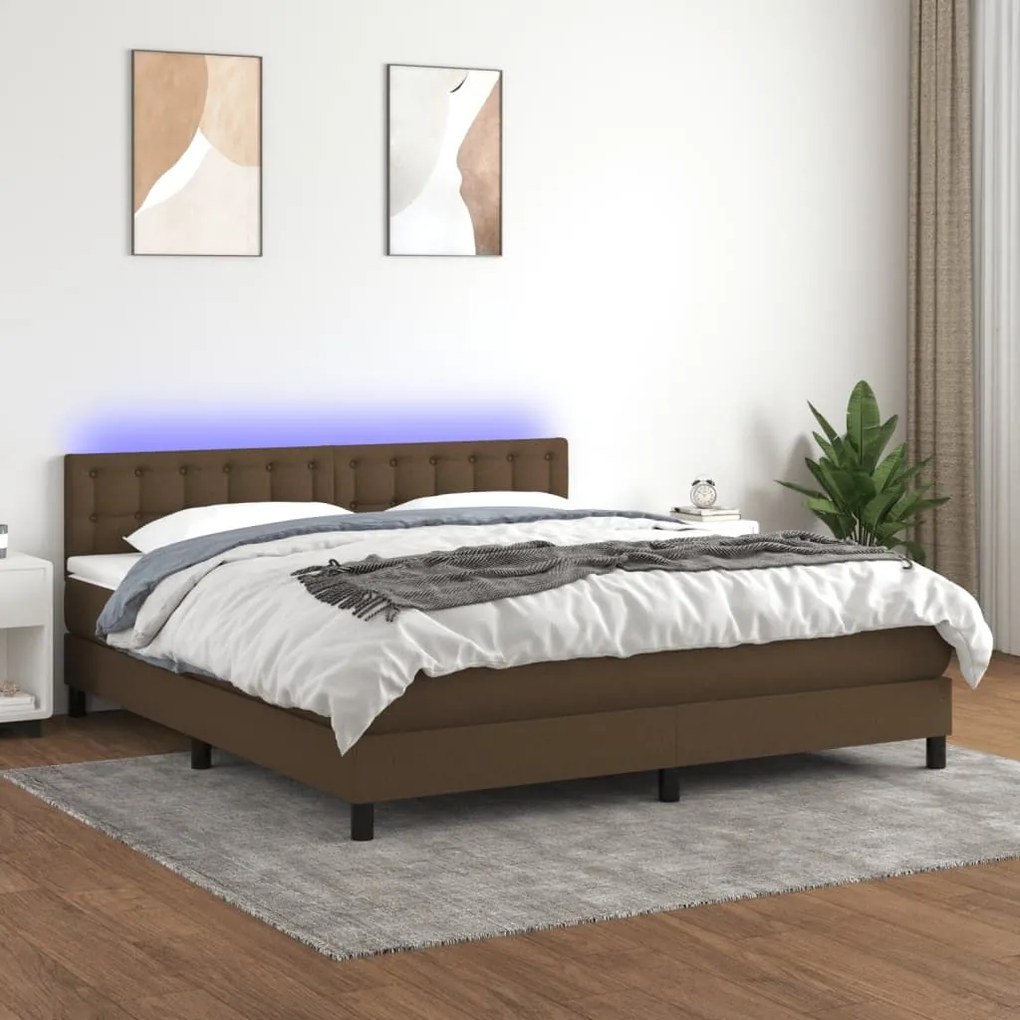 Κρεβάτι Boxspring με Στρώμα &amp; LED Σκ.Καφέ 180x200εκ. Υφασμάτινο - Καφέ