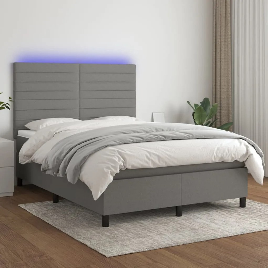 Κρεβάτι Boxspring με Στρώμα & LED Σκ.Γκρι 140x190εκ. Υφασμάτινο