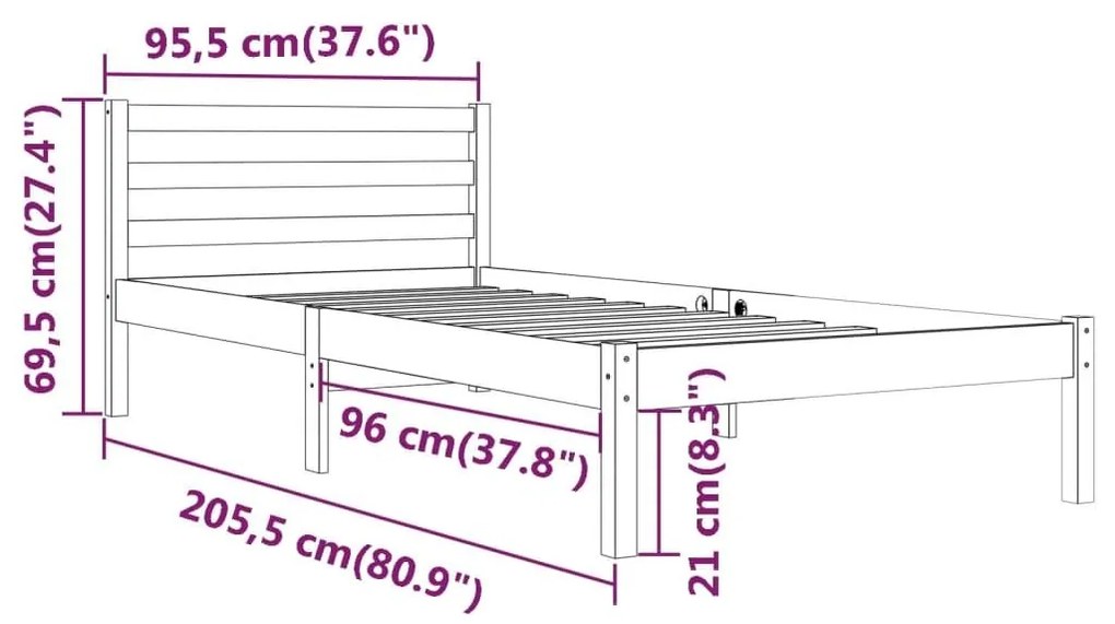 Πλαίσιο Κρεβατιού 90 x 200 εκ. από Μασίφ Ξύλο Πεύκου - Καφέ