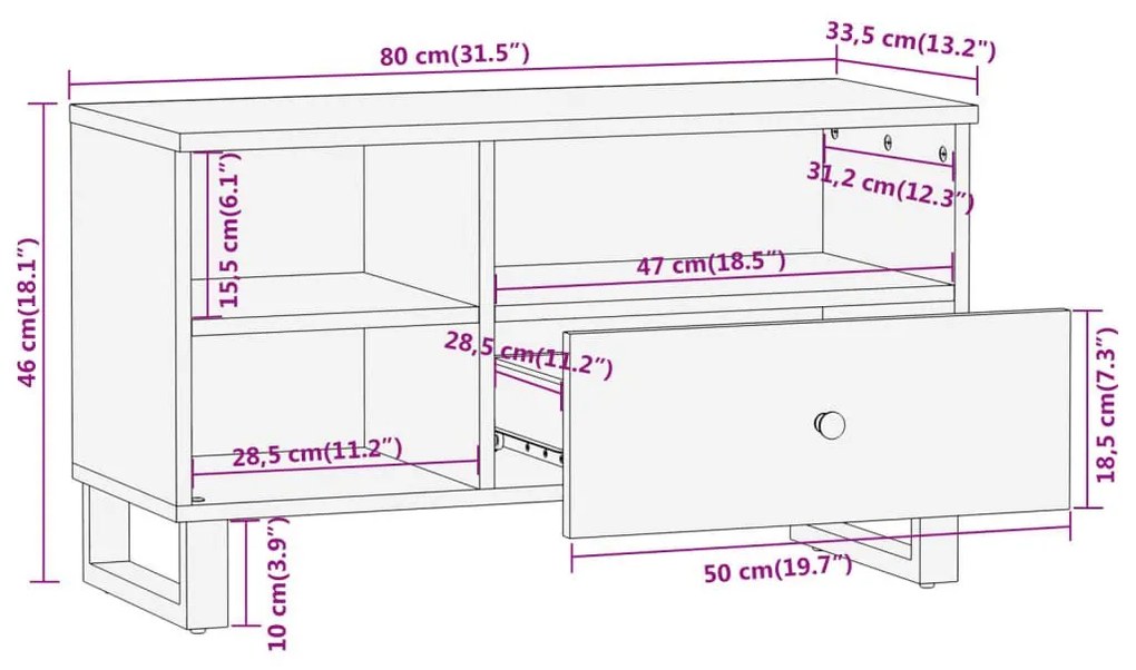 Έπιπλο Τηλεόρασης Καφέ/Μαύρο 80x33,5x46 εκ. Μασίφ Ξύλο Μάνγκο - Καφέ