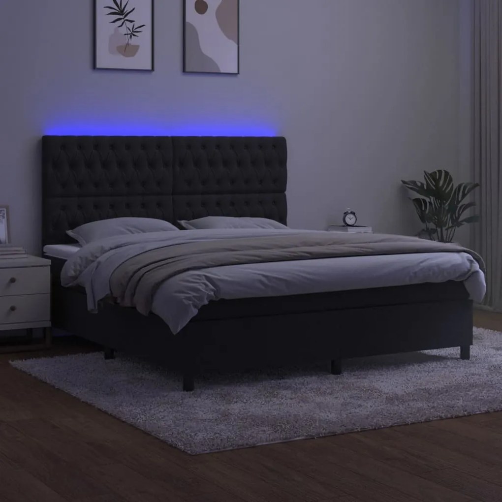 vidaXL Κρεβάτι Boxspring με Στρώμα & LED Μαύρο 160x200 εκ. Βελούδινο