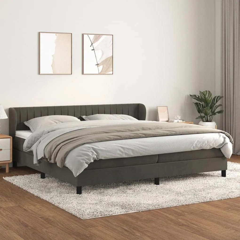 Κρεβάτι Boxspring με Στρώμα Σκούρο Γκρι 200x200 εκ. Βελούδινο - Γκρι