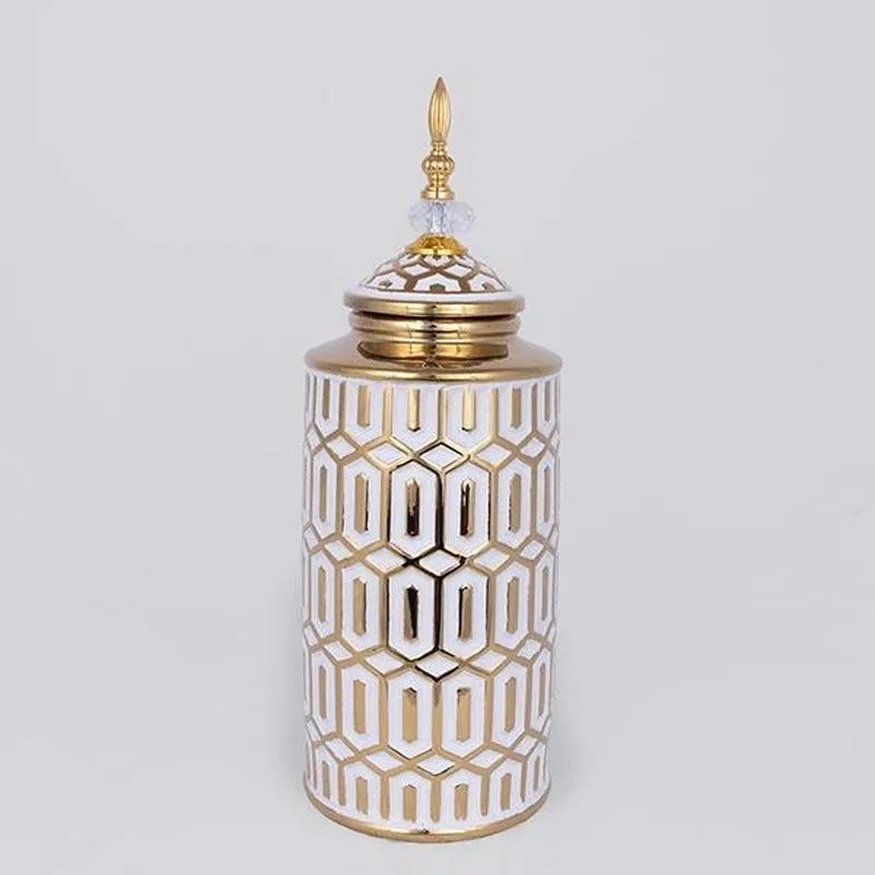 Βάζο Κεραμικό Με Καπάκι 752-20358 16.9x16.9x45.7cm White-Gold Estheti Home Κεραμικό